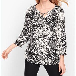 Talbots Abstract Clover Blouse Womens Large Black White 3/4 Sleeve Tie Neck Top